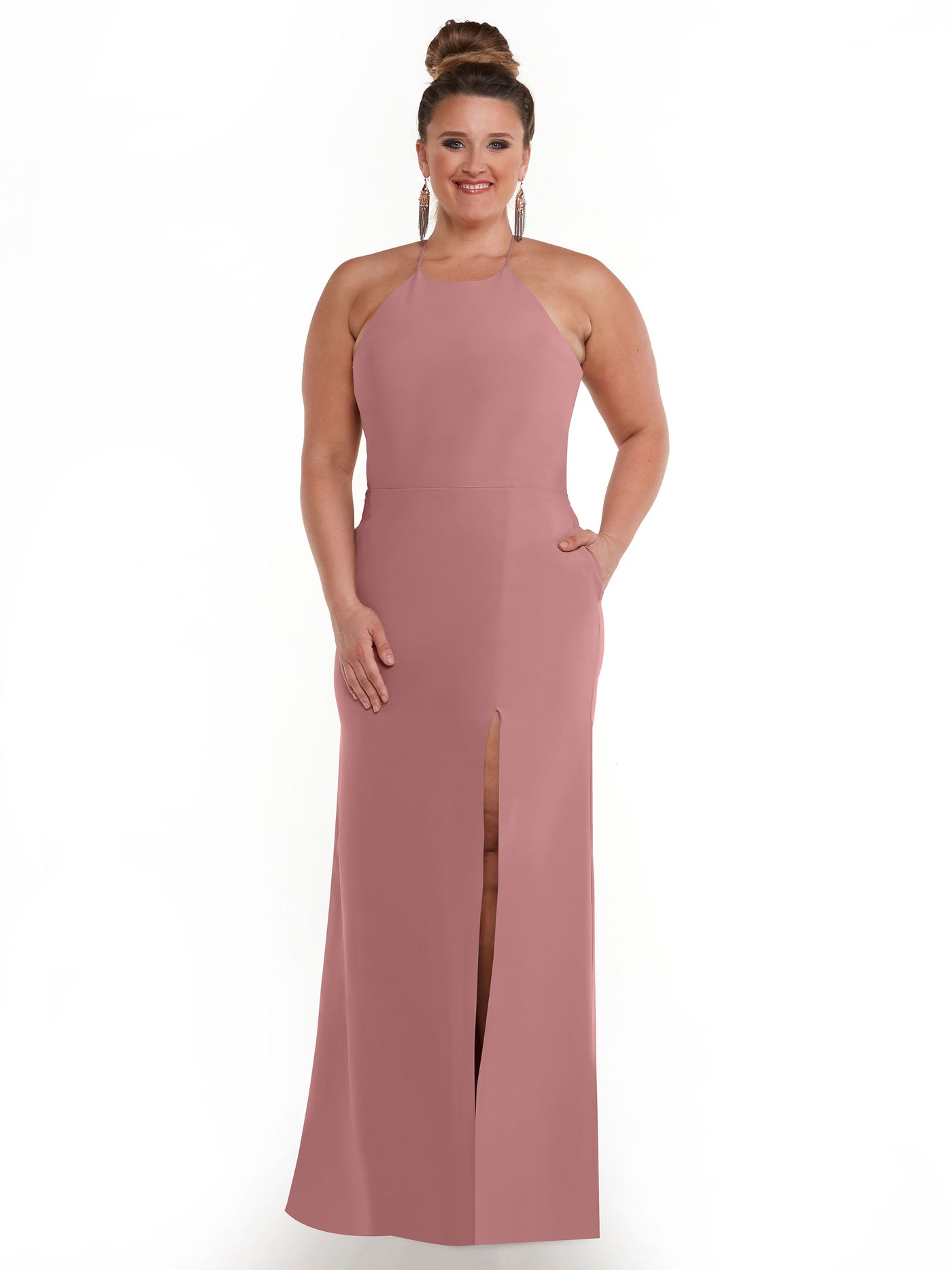 83026 - Sheath Stretch Chiffon Bridesmaid Dress with Halter Neckline and Slit