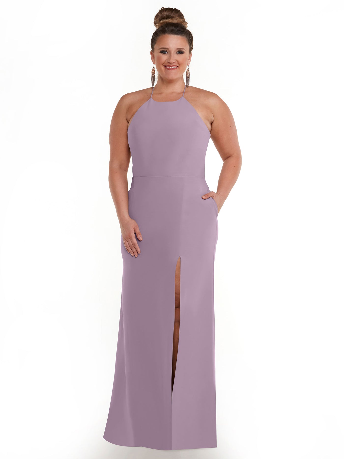 83026 - Sheath Stretch Chiffon Bridesmaid Dress with Halter Neckline and Slit