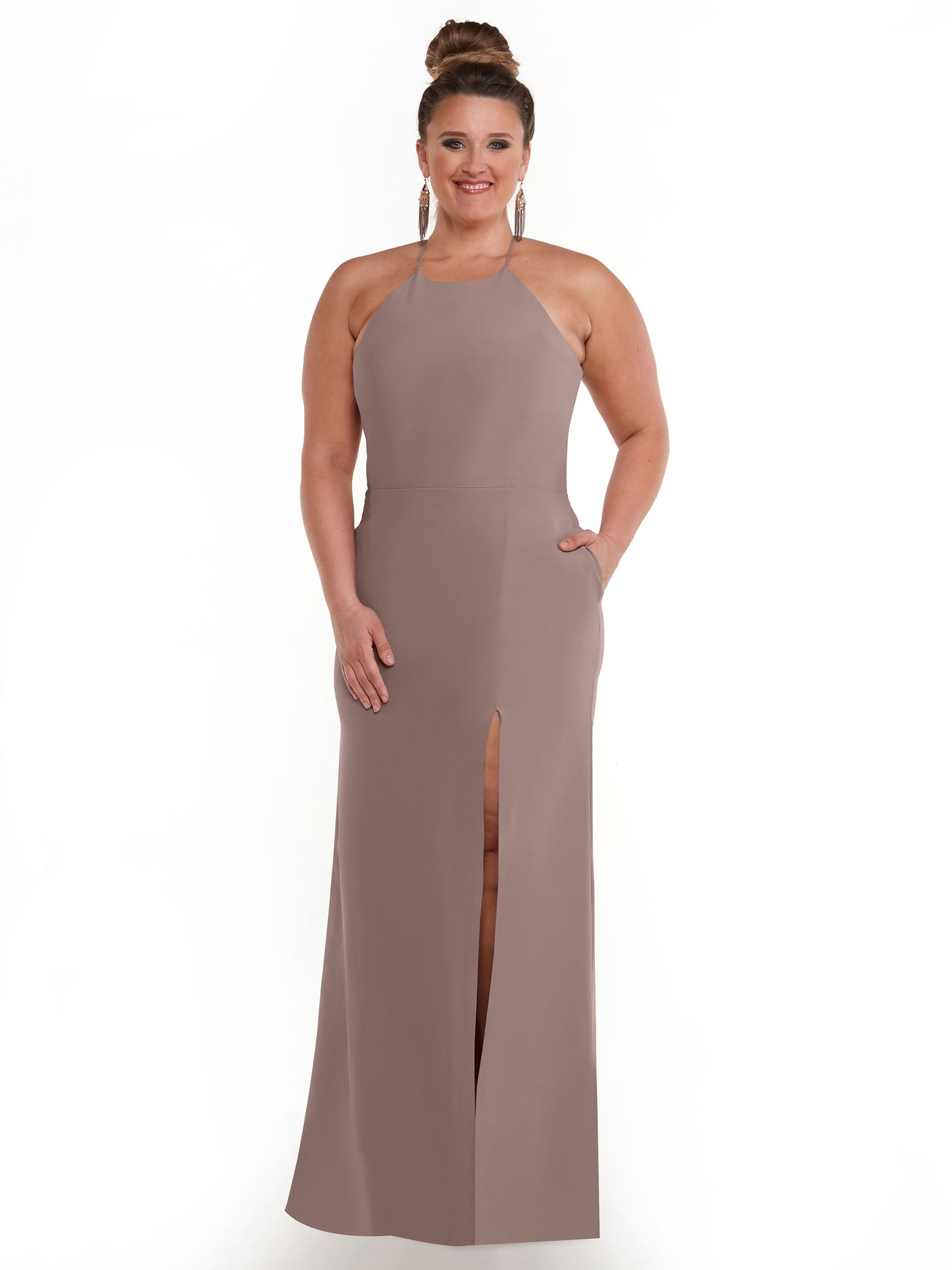 83026 - Sheath Stretch Chiffon Bridesmaid Dress with Halter Neckline and Slit