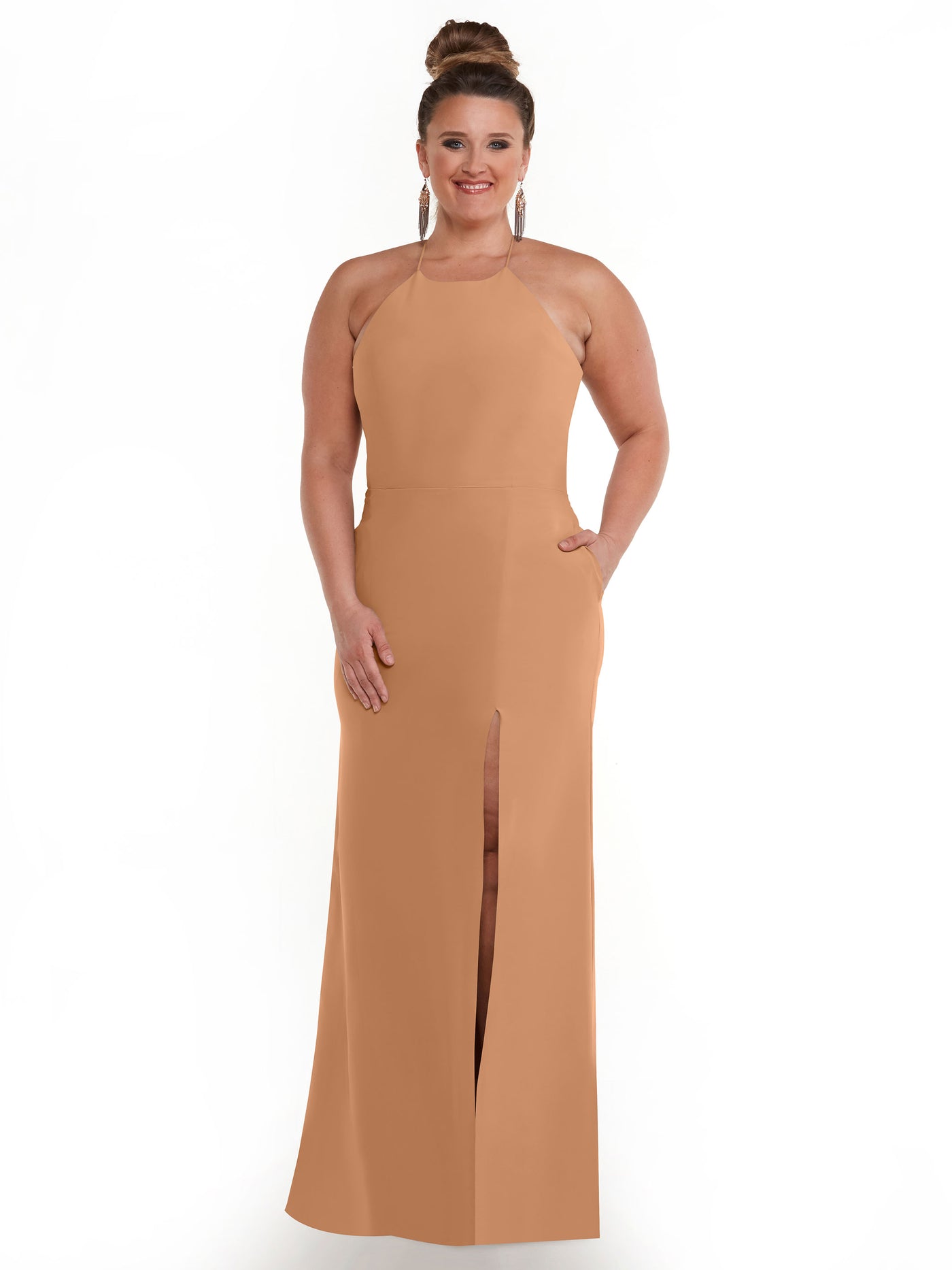 83026 - Sheath Stretch Chiffon Bridesmaid Dress with Halter Neckline and Slit