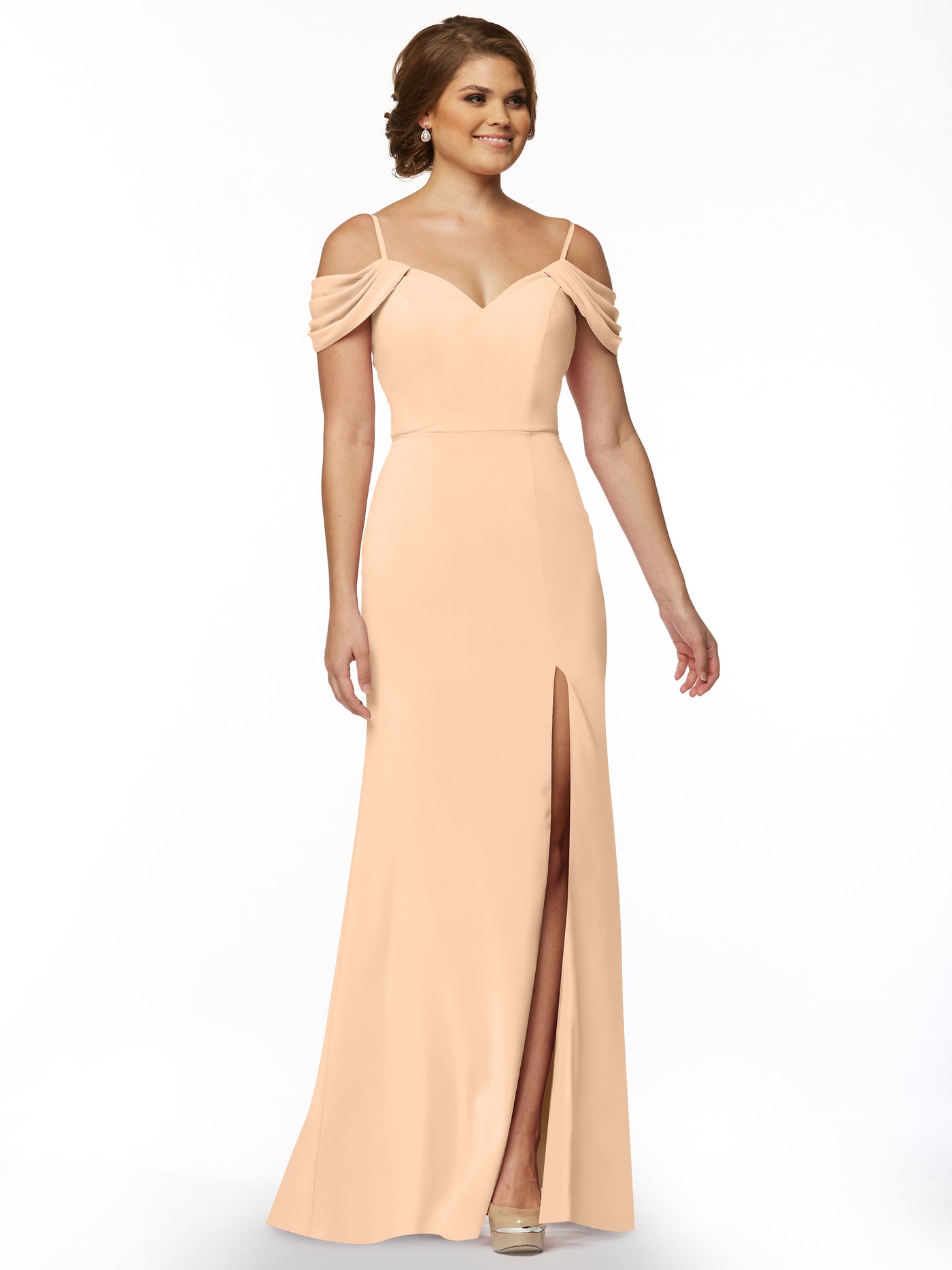 83029 - Fitted Stretch Chiffon Off-the-Shoulder Bridesmaid Dress with Slit