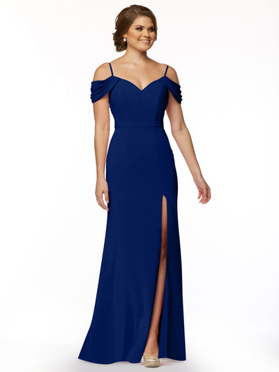 A woman wearing Avery Austin's off-the-shoulder blue dress, style 83029.