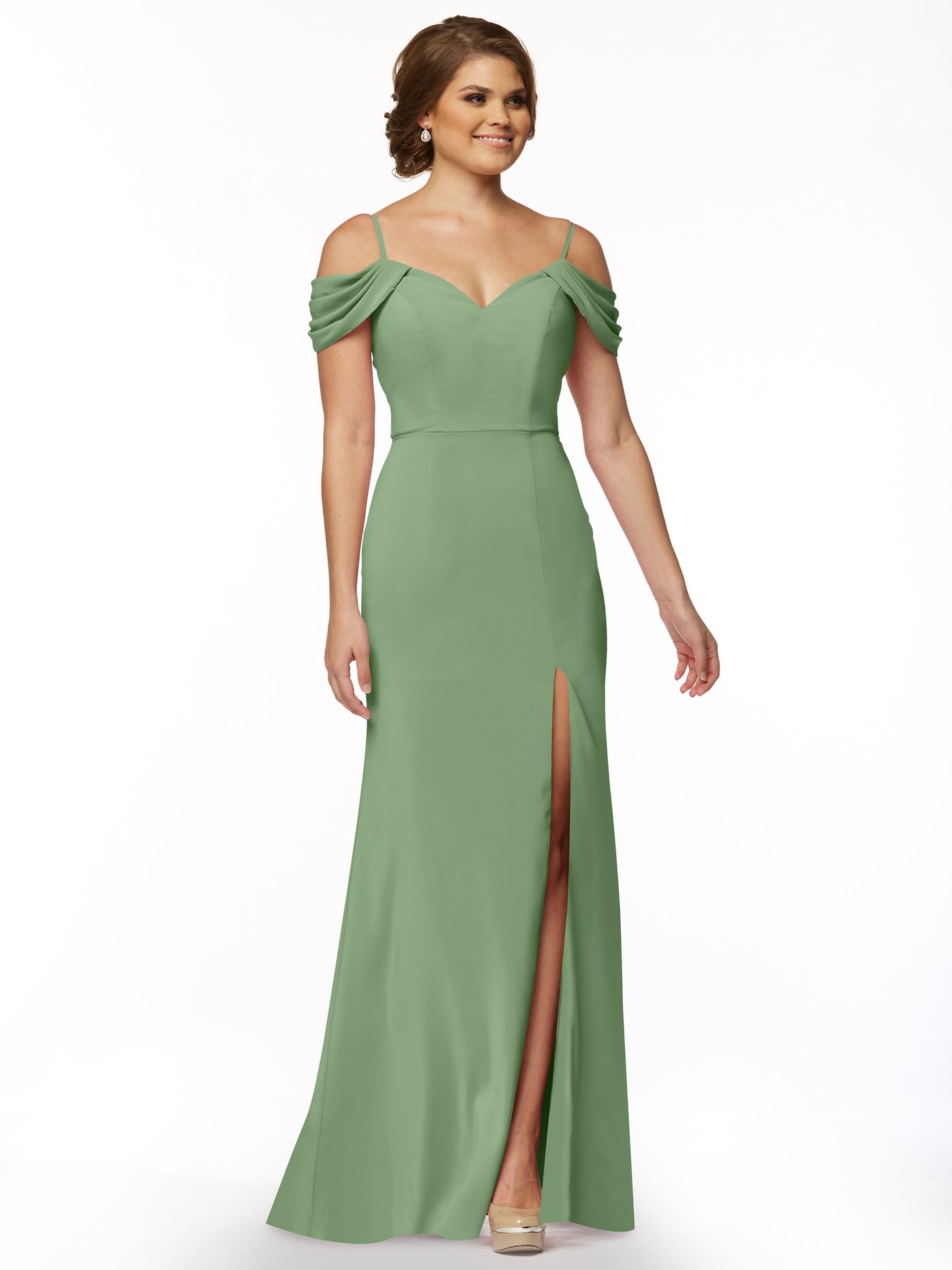 83029 - Fitted Stretch Chiffon Off-the-Shoulder Bridesmaid Dress with Slit