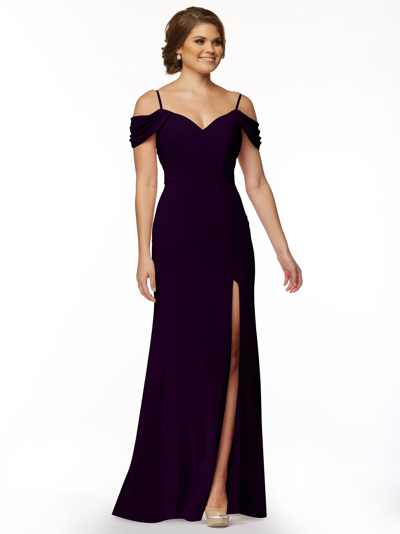 83029 - Fitted Stretch Chiffon Off-the-Shoulder Bridesmaid Dress with Slit