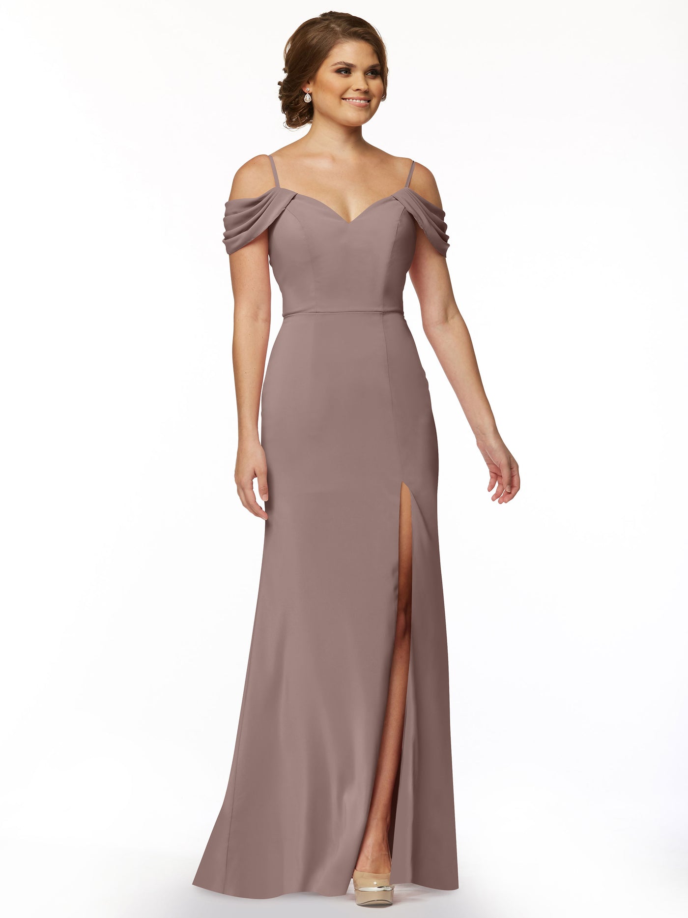 83029 - Fitted Stretch Chiffon Off-the-Shoulder Bridesmaid Dress with Slit