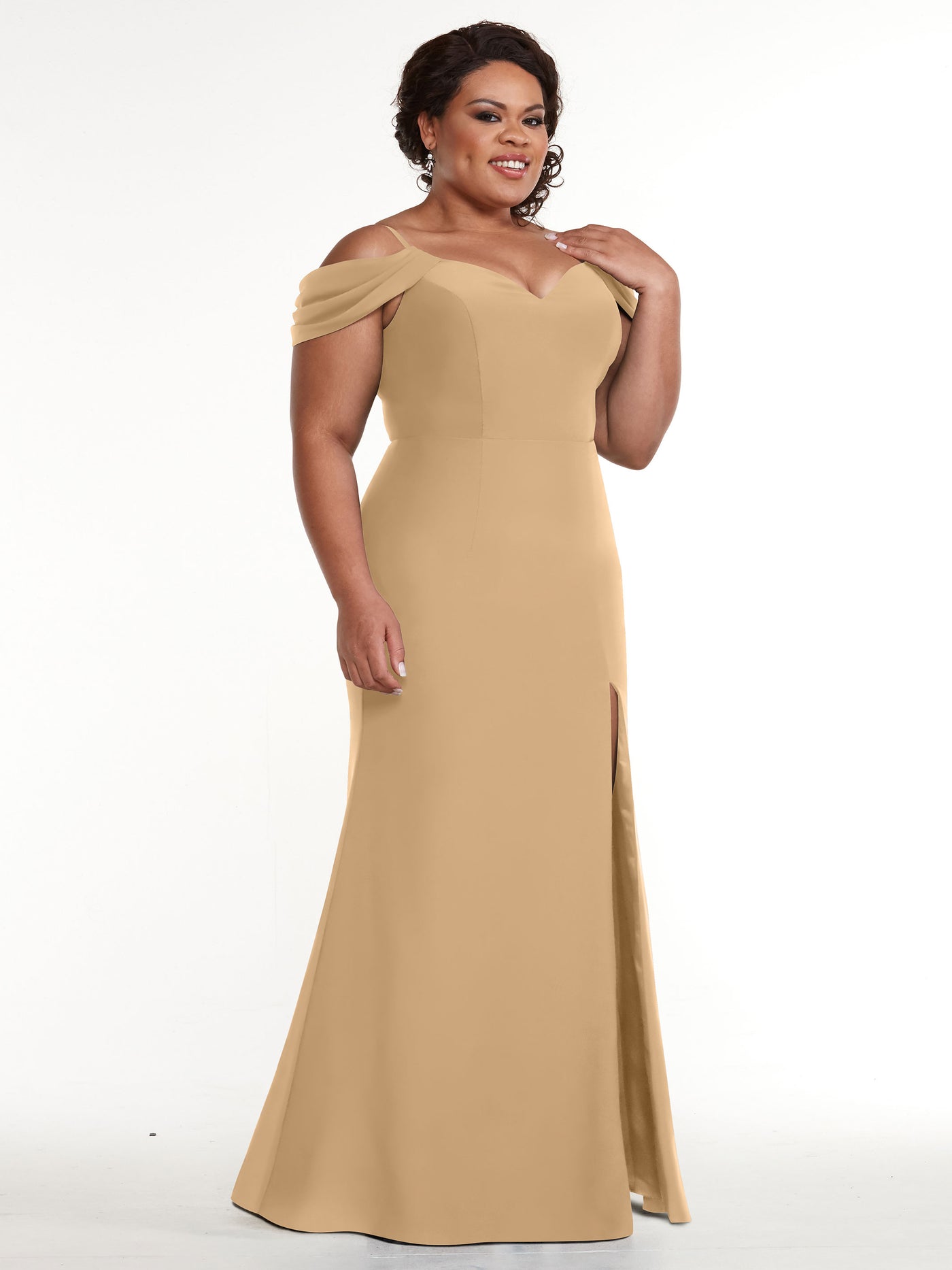 83029 - Fitted Stretch Chiffon Off-the-Shoulder Bridesmaid Dress with Slit