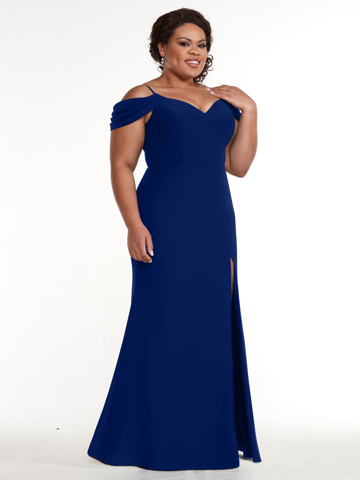 83029 - Fitted Stretch Chiffon Off-the-Shoulder Bridesmaid Dress with Slit