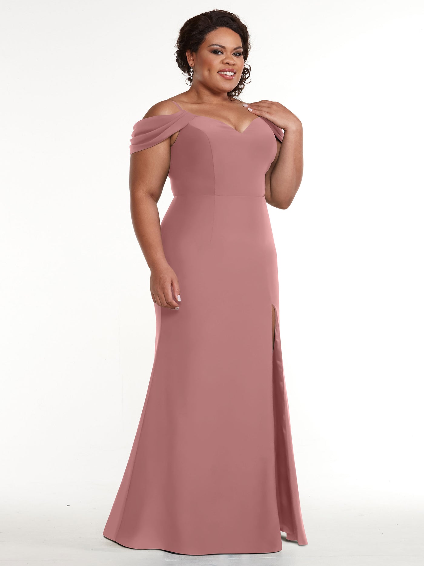 83029 - Fitted Stretch Chiffon Off-the-Shoulder Bridesmaid Dress with Slit