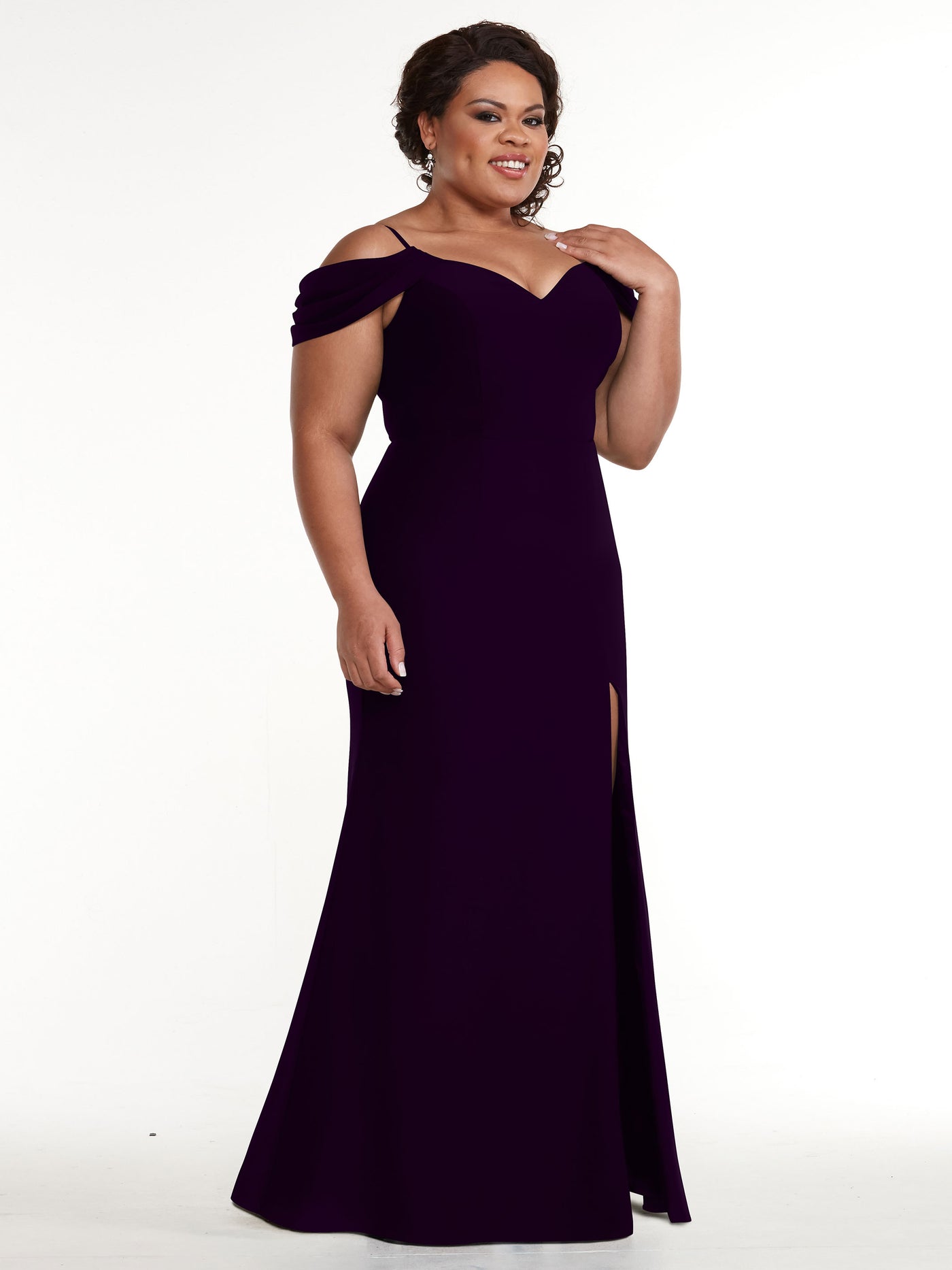 83029 - Fitted Stretch Chiffon Off-the-Shoulder Bridesmaid Dress with Slit