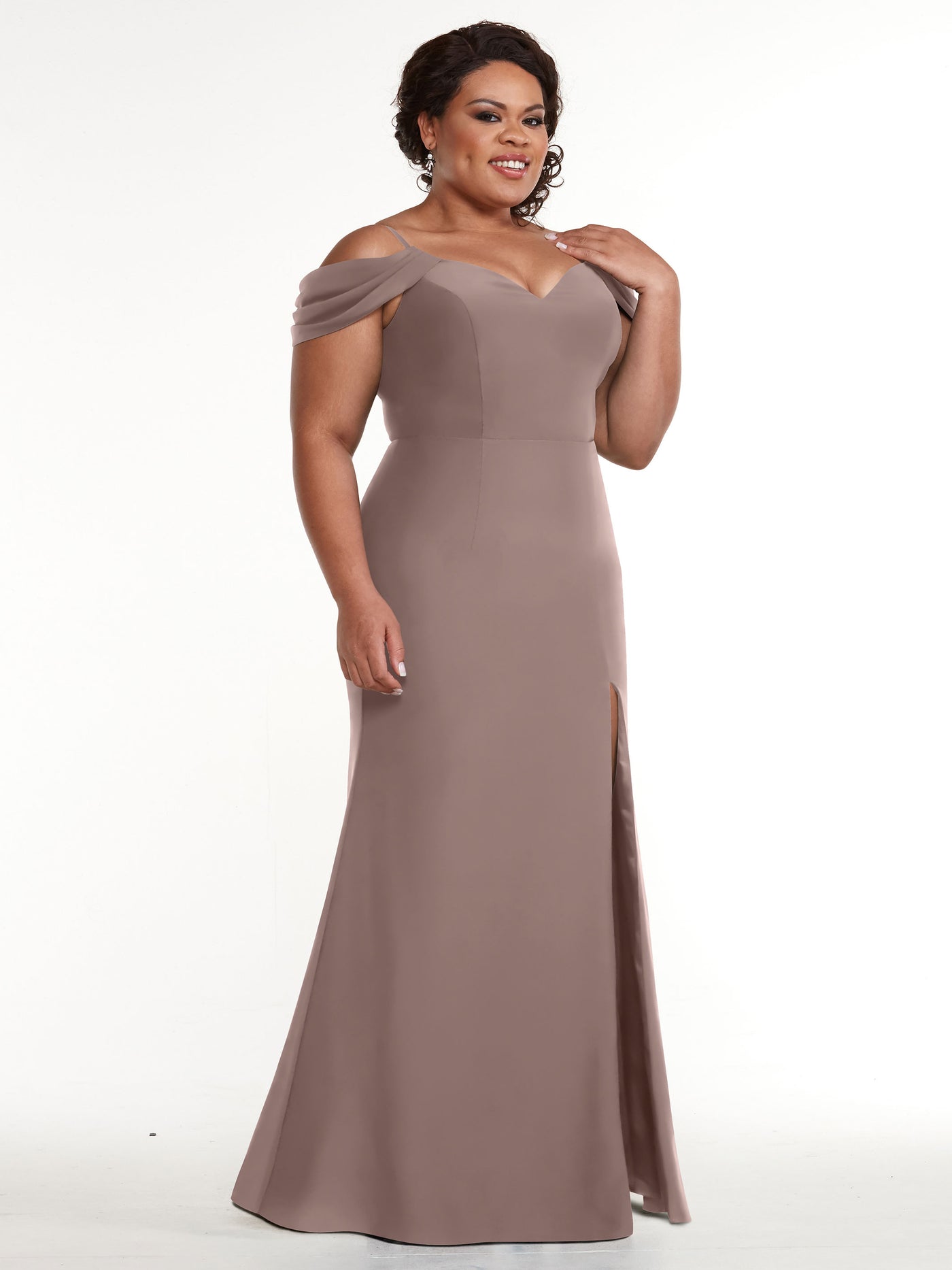 83029 - Fitted Stretch Chiffon Off-the-Shoulder Bridesmaid Dress with Slit
