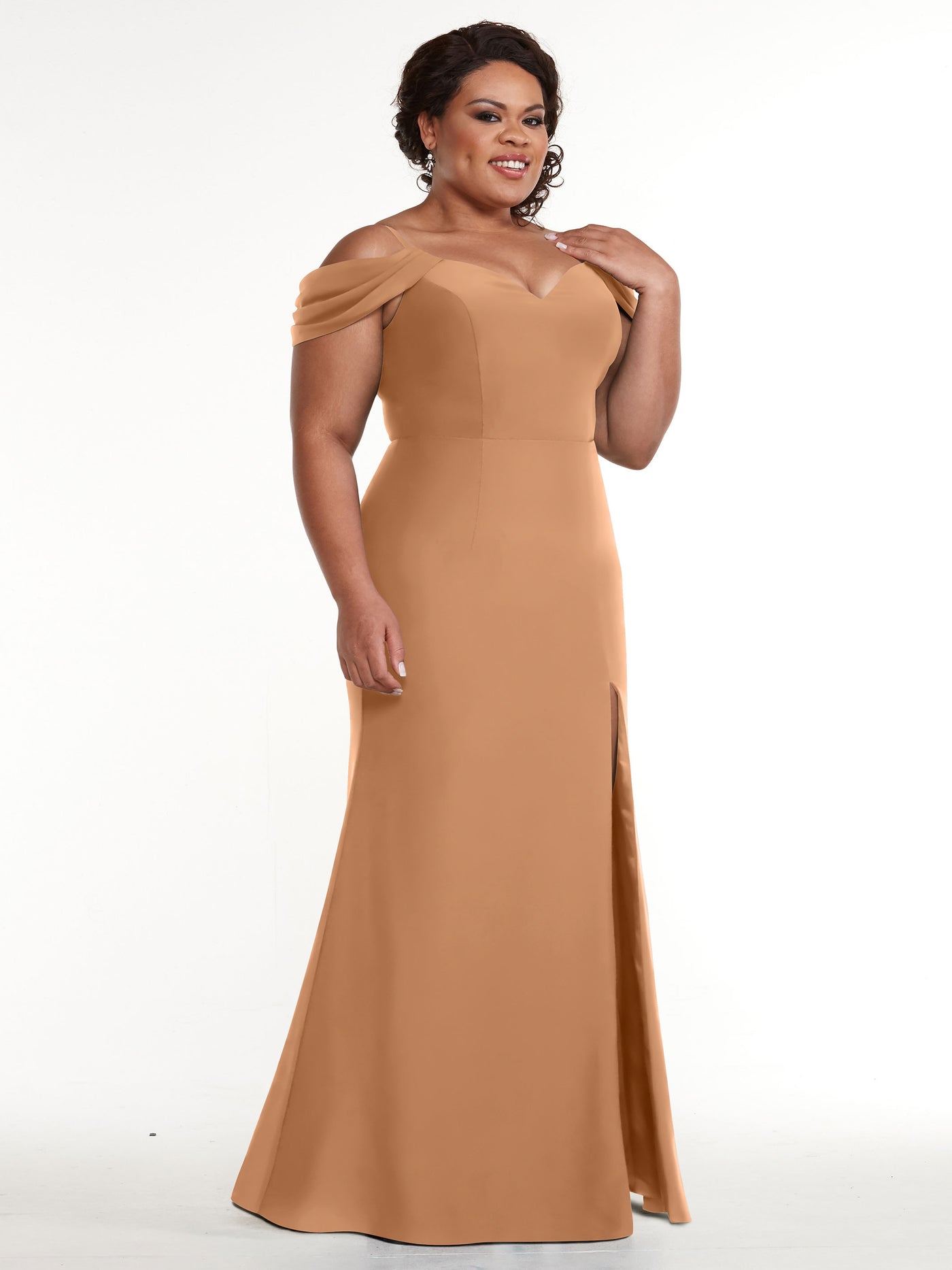 83029 - Fitted Stretch Chiffon Off-the-Shoulder Bridesmaid Dress with Slit