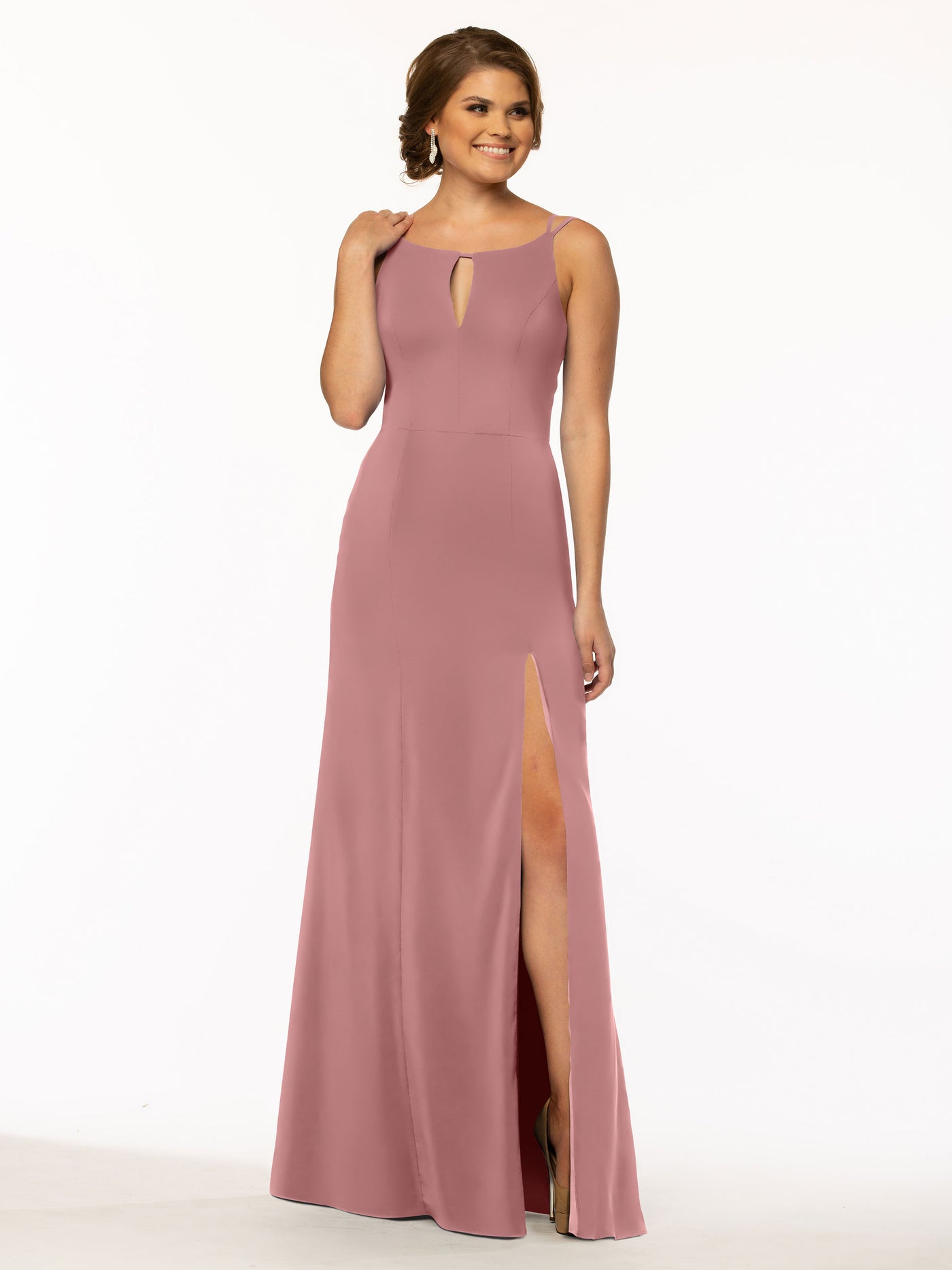 83030 - Sheath Stretch Chiffon Bridesmaid Dress with Bateau Neckline and Slit
