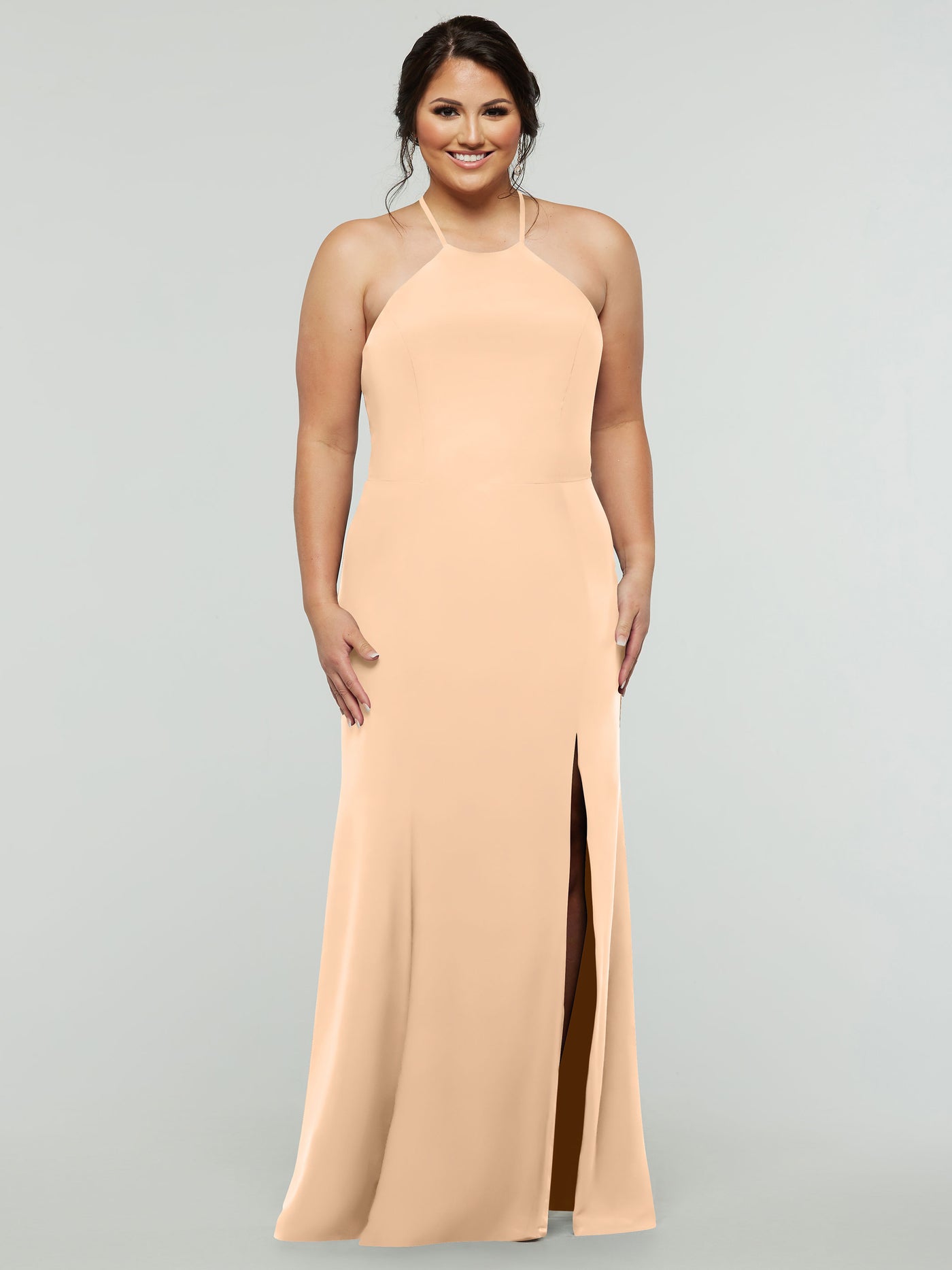 83031 - Fit and Flare Stretch Chiffon Bridesmaid Dress with Halter Neck and Slit