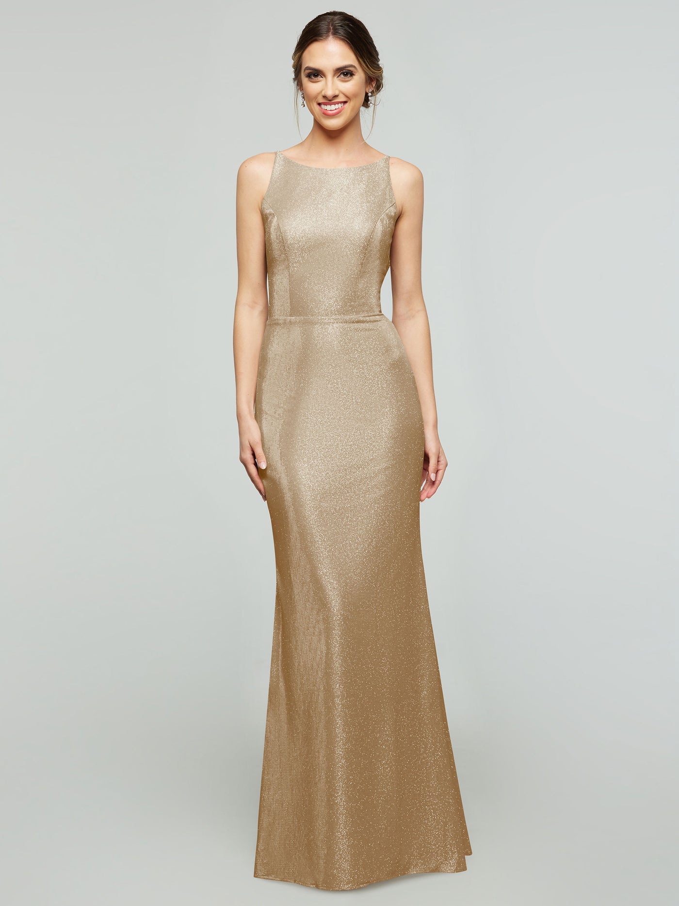 84001 - Tried On Sample - Glitter Knit Sheath Bridesmaid Dress with Bateau Neckline and a Cowl Back