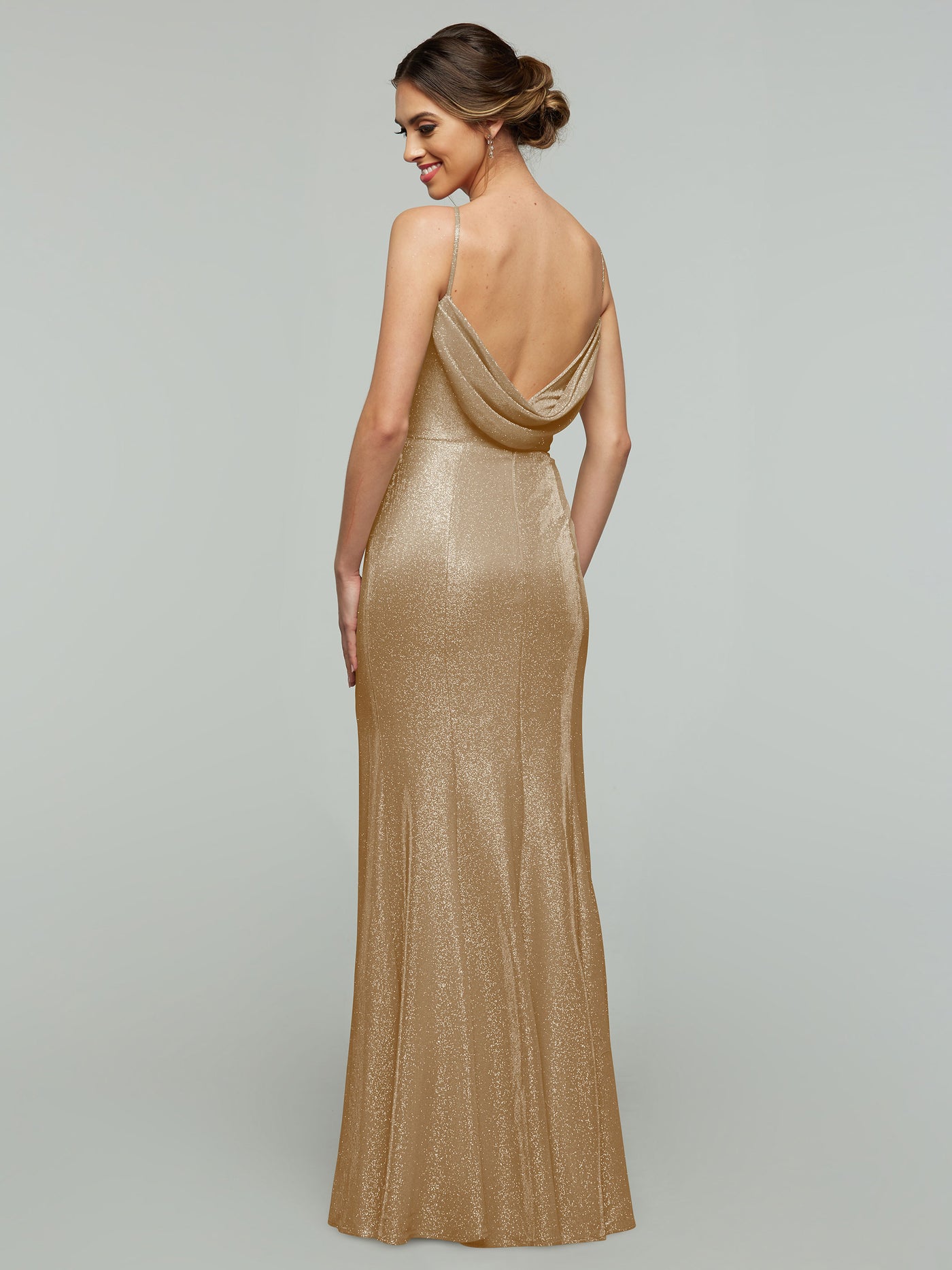 84001 - Tried On Sample - Glitter Knit Sheath Bridesmaid Dress with Bateau Neckline and a Cowl Back