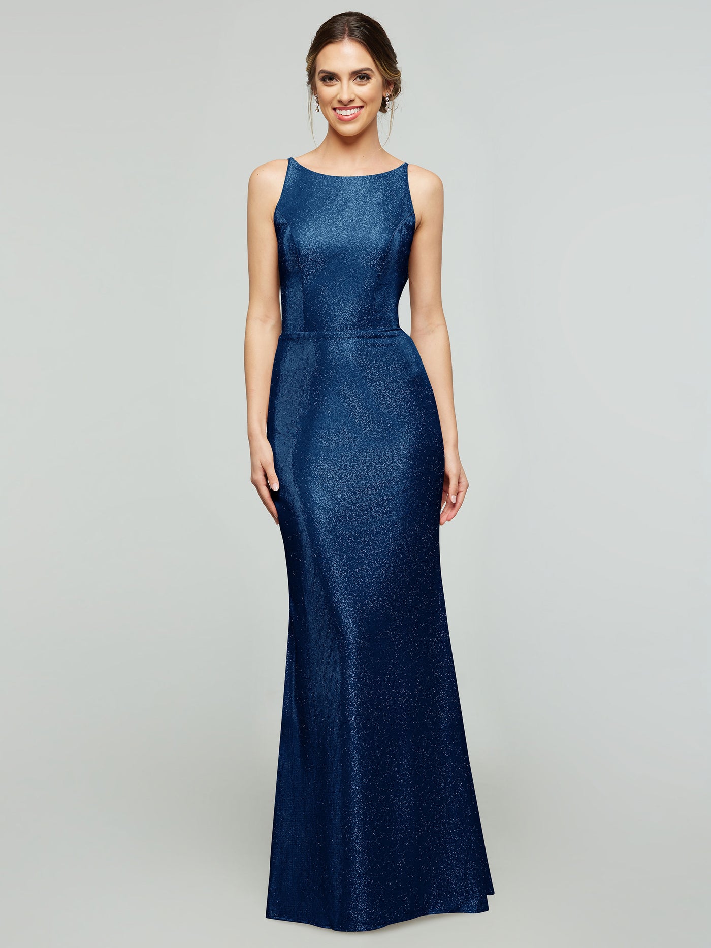 84001 - Tried On Sample - Glitter Knit Sheath Bridesmaid Dress with Bateau Neckline and a Cowl Back
