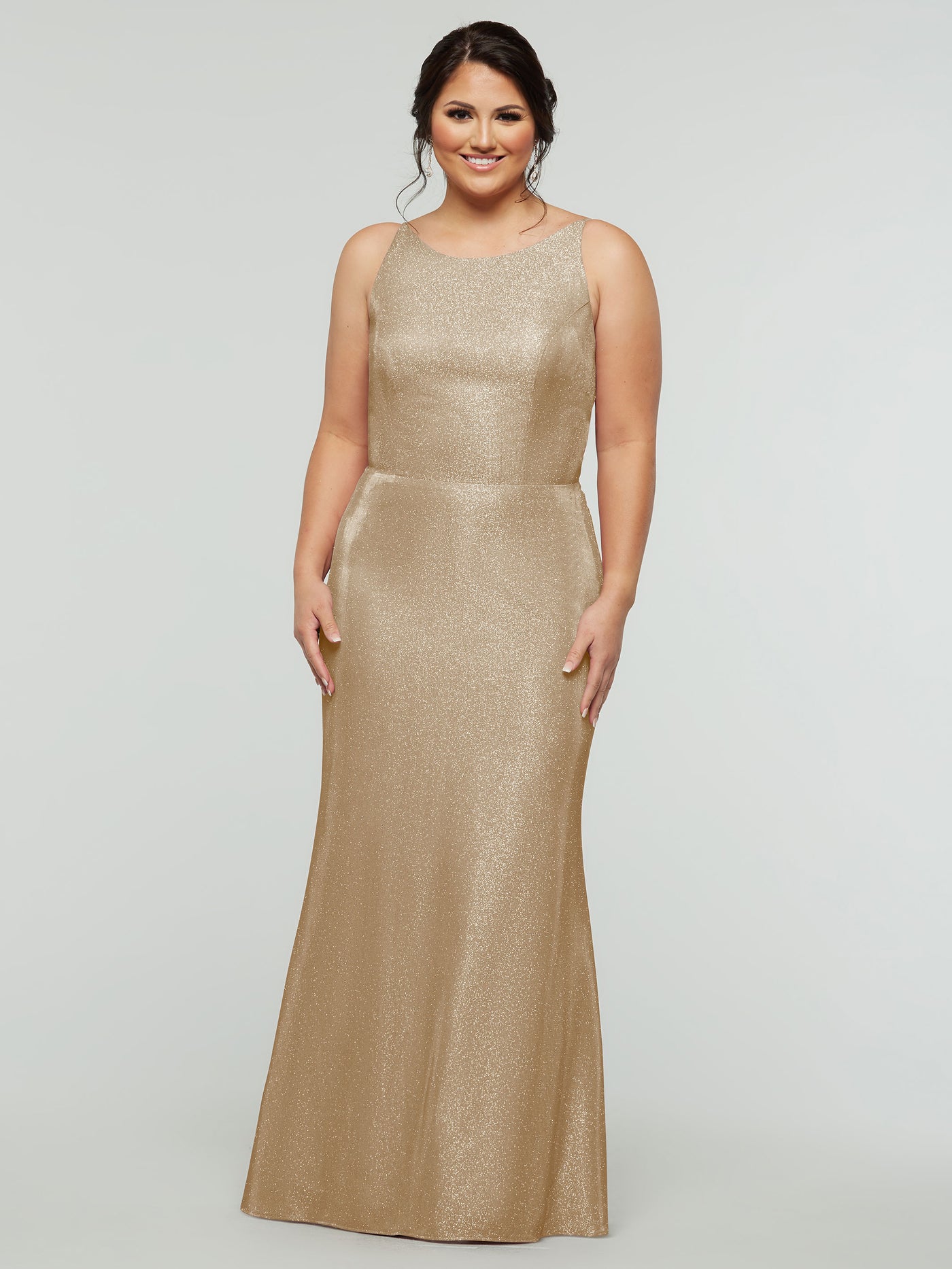 84001 - Tried On Sample - Glitter Knit Sheath Bridesmaid Dress with Bateau Neckline and a Cowl Back