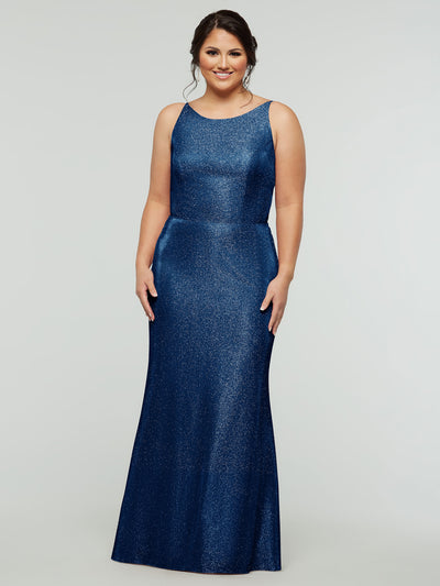A woman models the averyaustin 84001 - Tried On Sample, a sleeveless, floor-length fitted glitter knit navy blue gown, ideal for those seeking an elegant sparkle dress option.