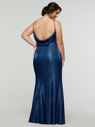 A woman faces away in the averyaustin 84001 - Tried On Sample, a shimmering fitted glitter knit gown with thin straps and a draped low-cut back. Her hair is styled in an elegant updo against a plain light background.