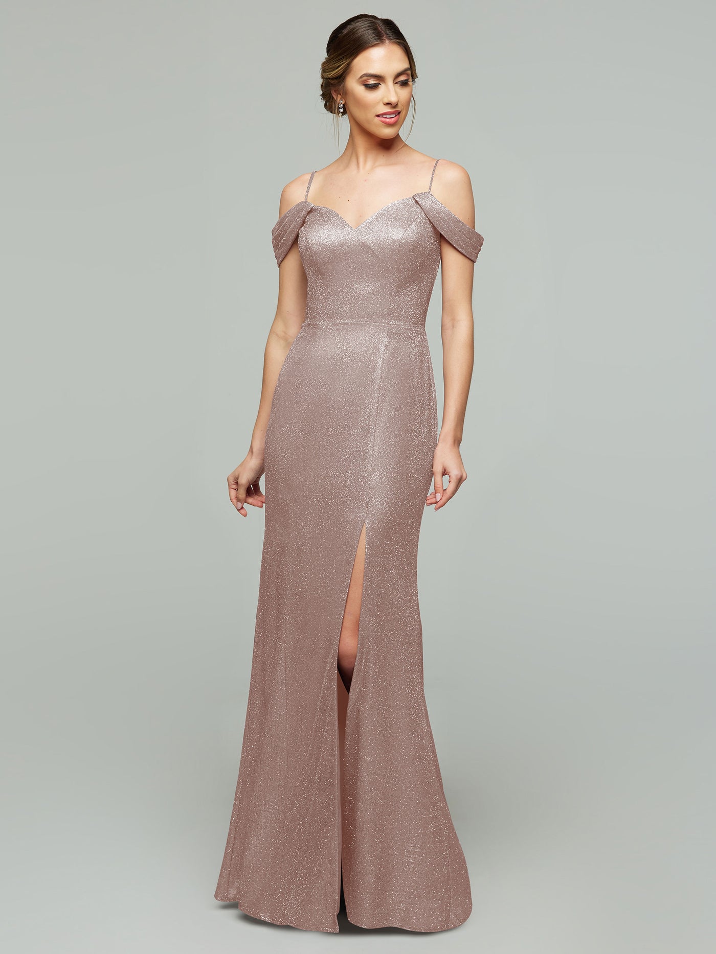 84002 - Tried On Sample - Glitter Knit Off-The-Shoulder Mermaid Bridesmaid Dress with Slit
