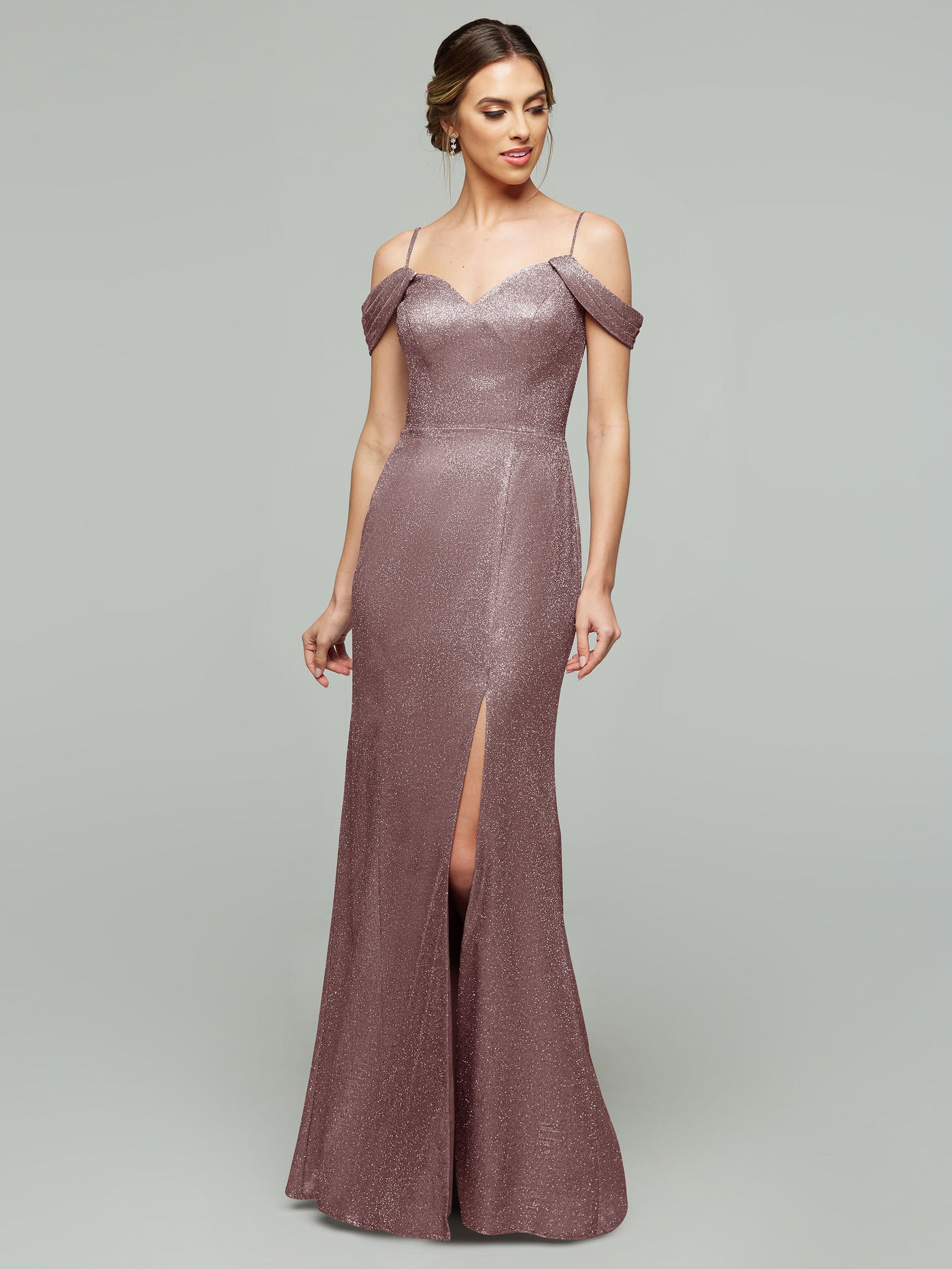 84002 - Tried On Sample - Glitter Knit Off-The-Shoulder Mermaid Bridesmaid Dress with Slit