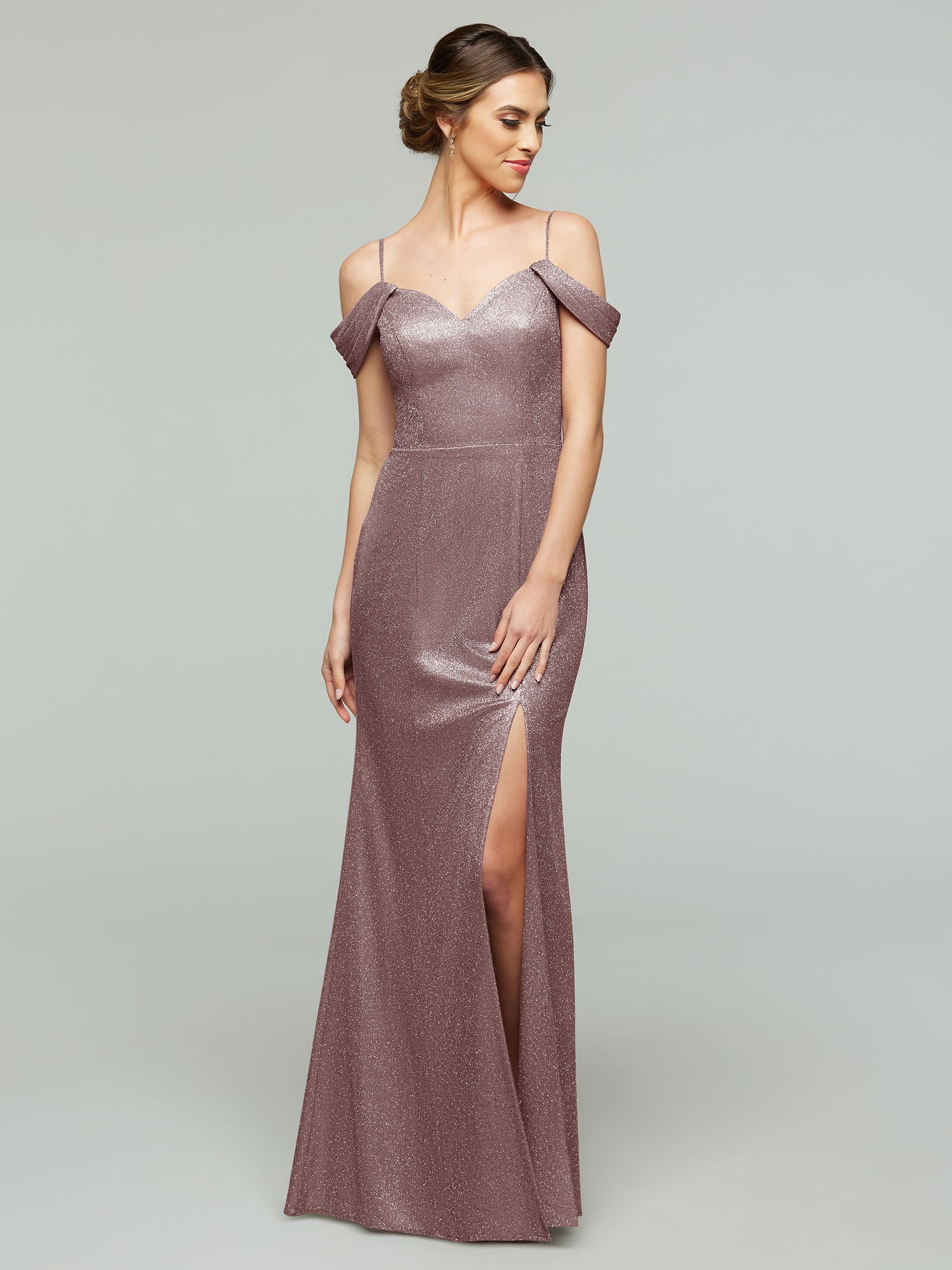 84002 - Tried On Sample - Glitter Knit Off-The-Shoulder Mermaid Bridesmaid Dress with Slit