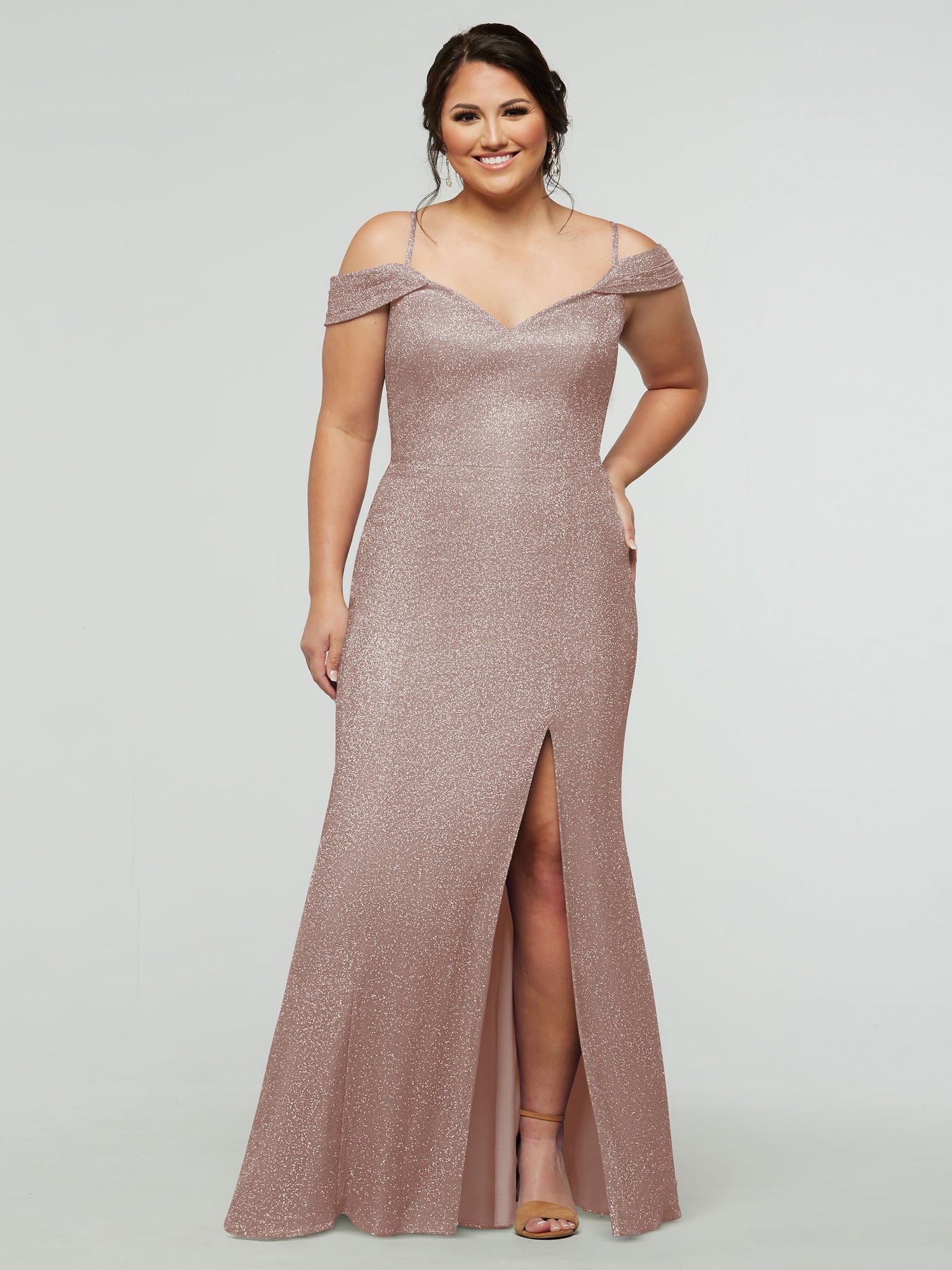 84002 - Tried On Sample - Glitter Knit Off-The-Shoulder Mermaid Bridesmaid Dress with Slit