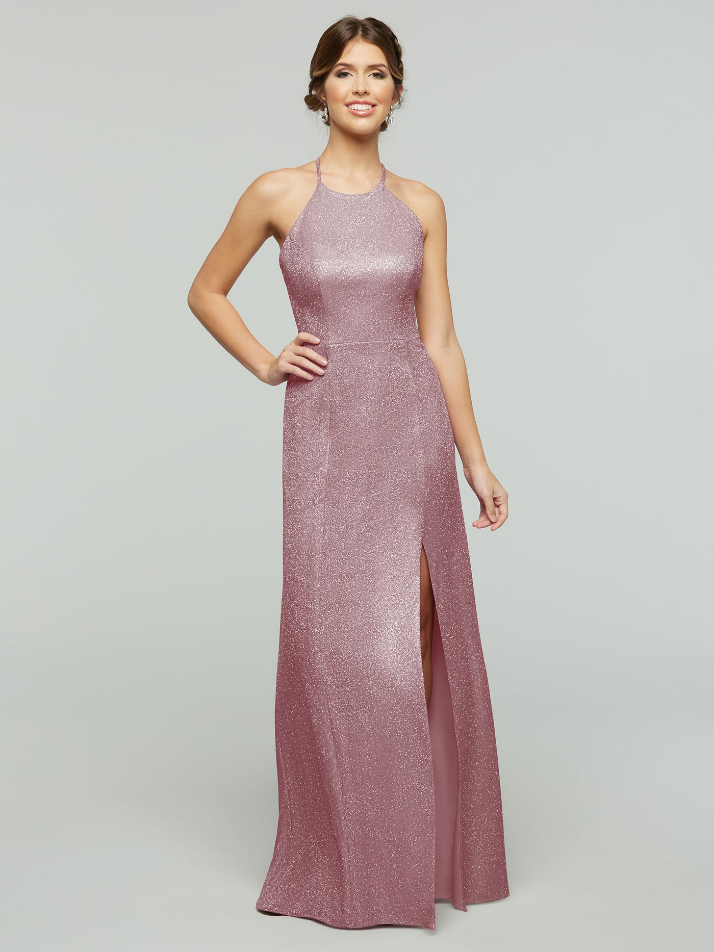 84005 - Tried On Sample - Glitter Knit Sheath Bridesmaid Dress with Halter Neckline and Slit