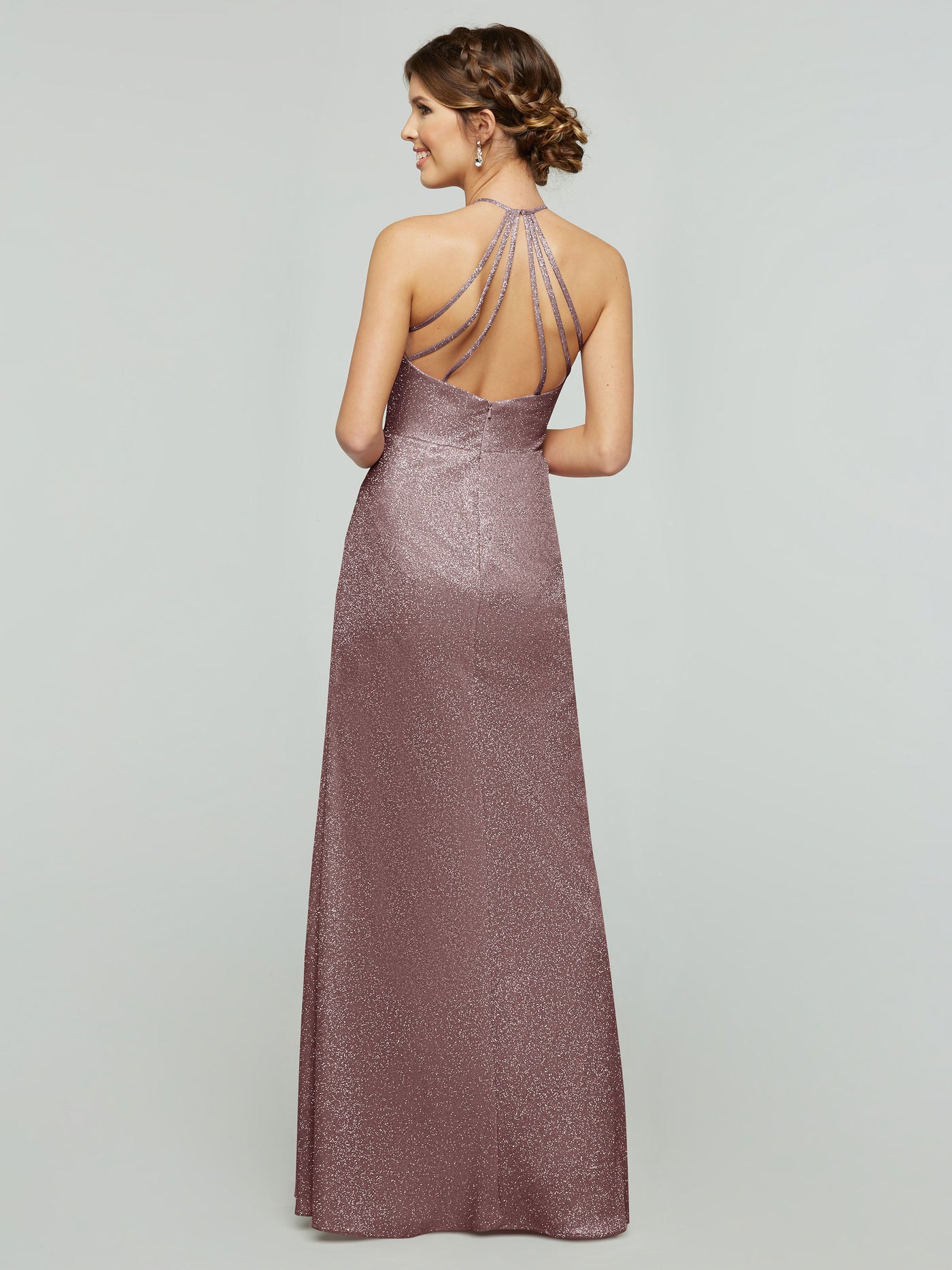 84005 - Tried On Sample - Glitter Knit Sheath Bridesmaid Dress with Halter Neckline and Slit