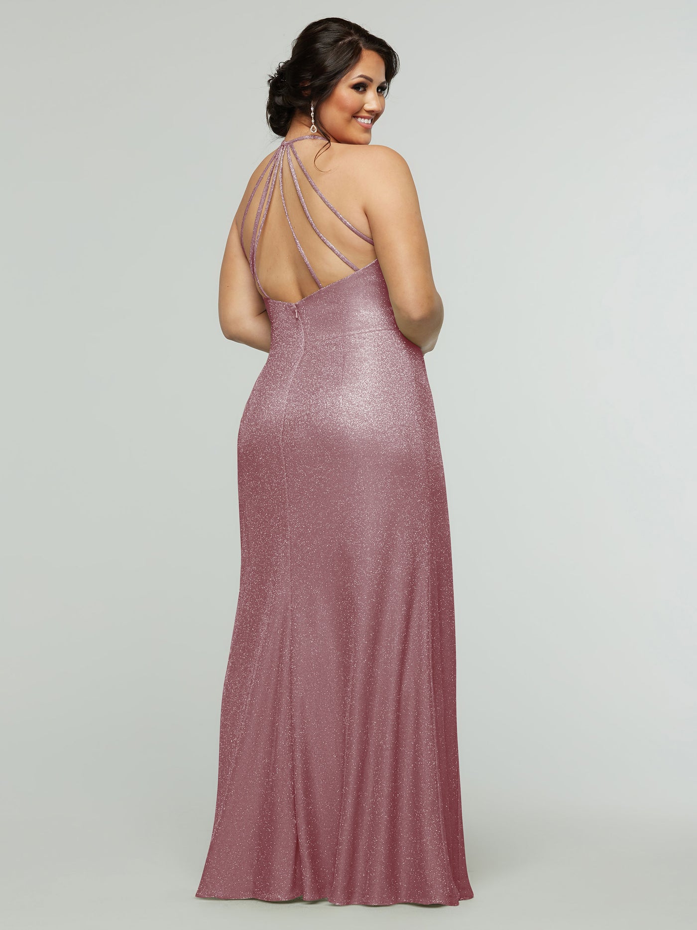 84005 - Tried On Sample - Glitter Knit Sheath Bridesmaid Dress with Halter Neckline and Slit