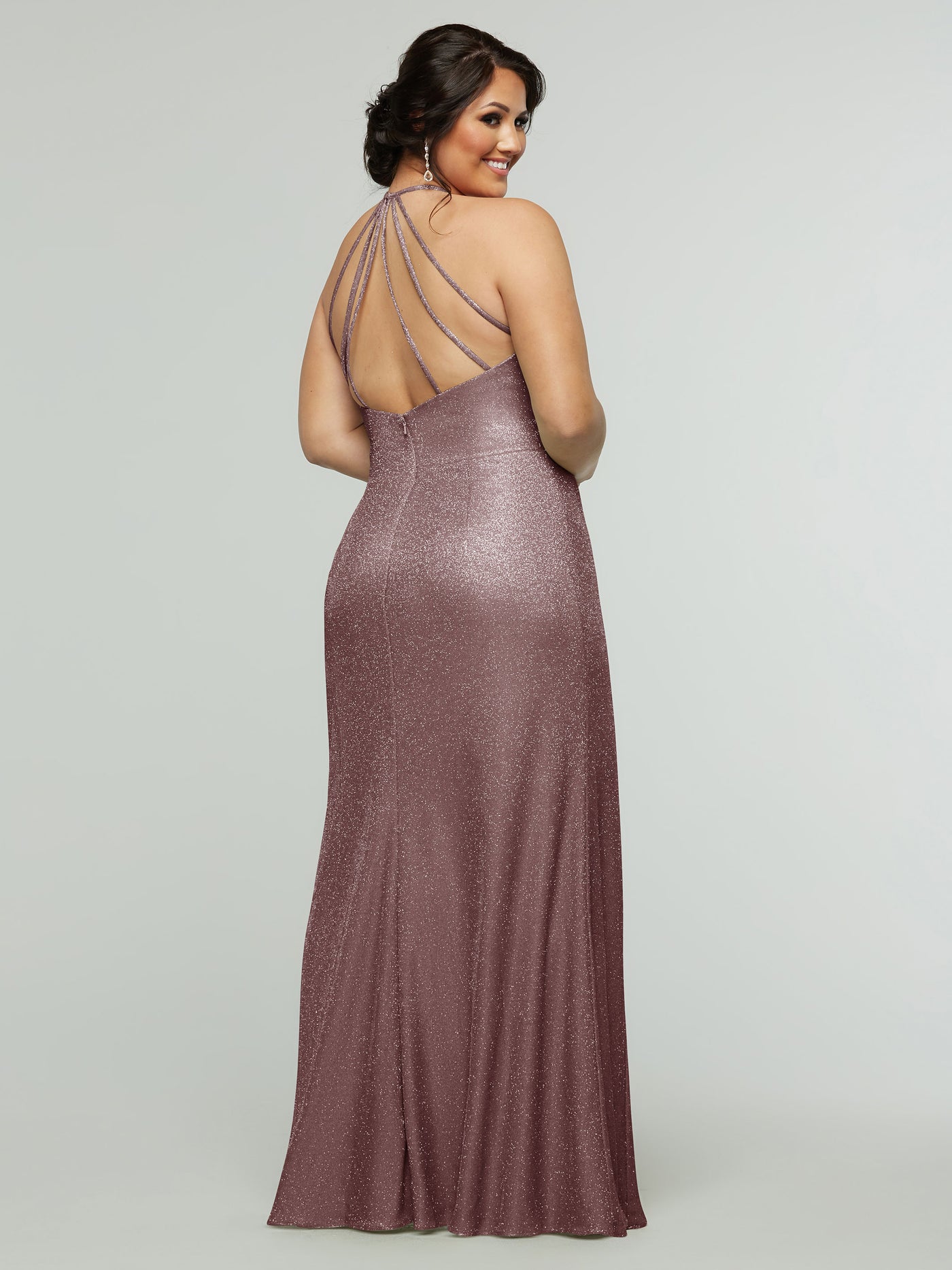 84005 - Tried On Sample - Glitter Knit Sheath Bridesmaid Dress with Halter Neckline and Slit