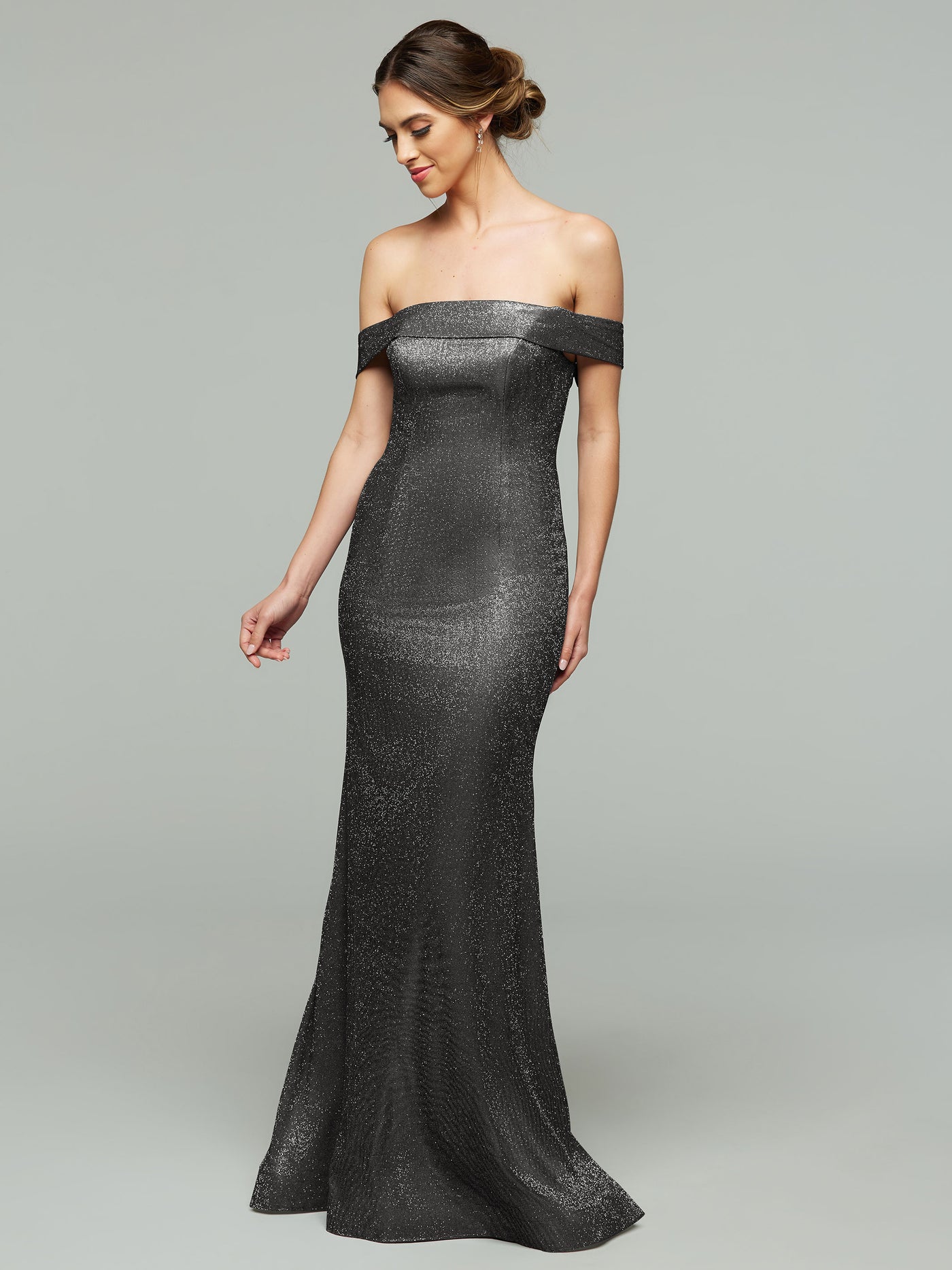 84010 - Tried On Sample - Glitter Knit Bridesmaids Dress with Off-The-Shoulder Sleeves