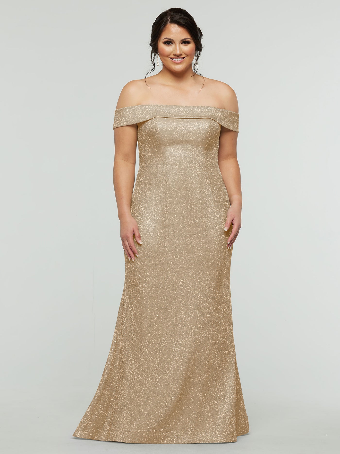 84010 - Tried On Sample - Glitter Knit Bridesmaids Dress with Off-The-Shoulder Sleeves