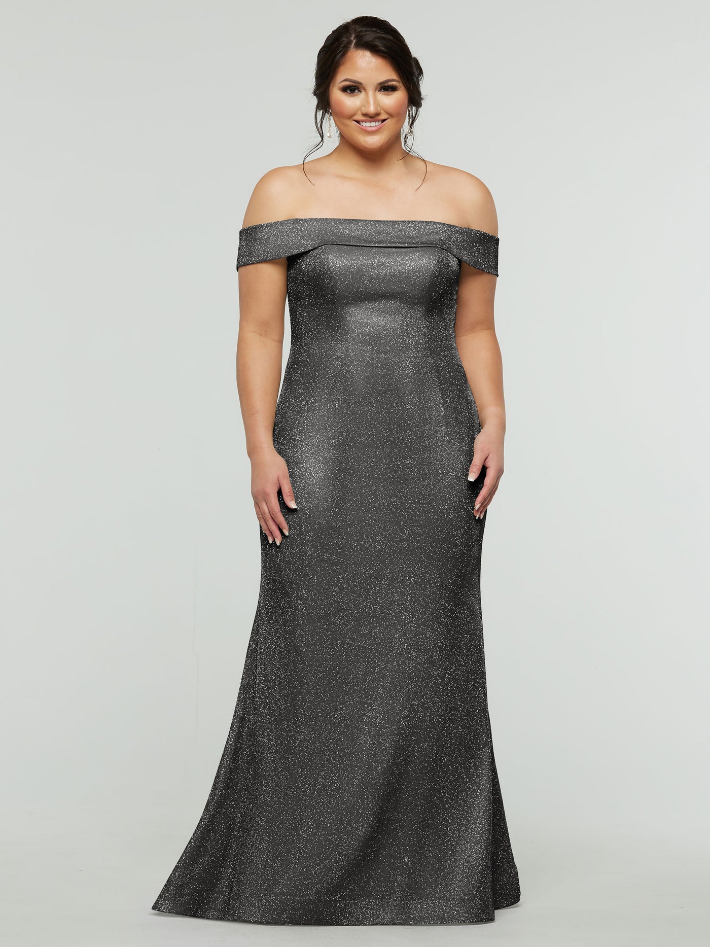 84010 - Tried On Sample - Glitter Knit Bridesmaids Dress with Off-The-Shoulder Sleeves
