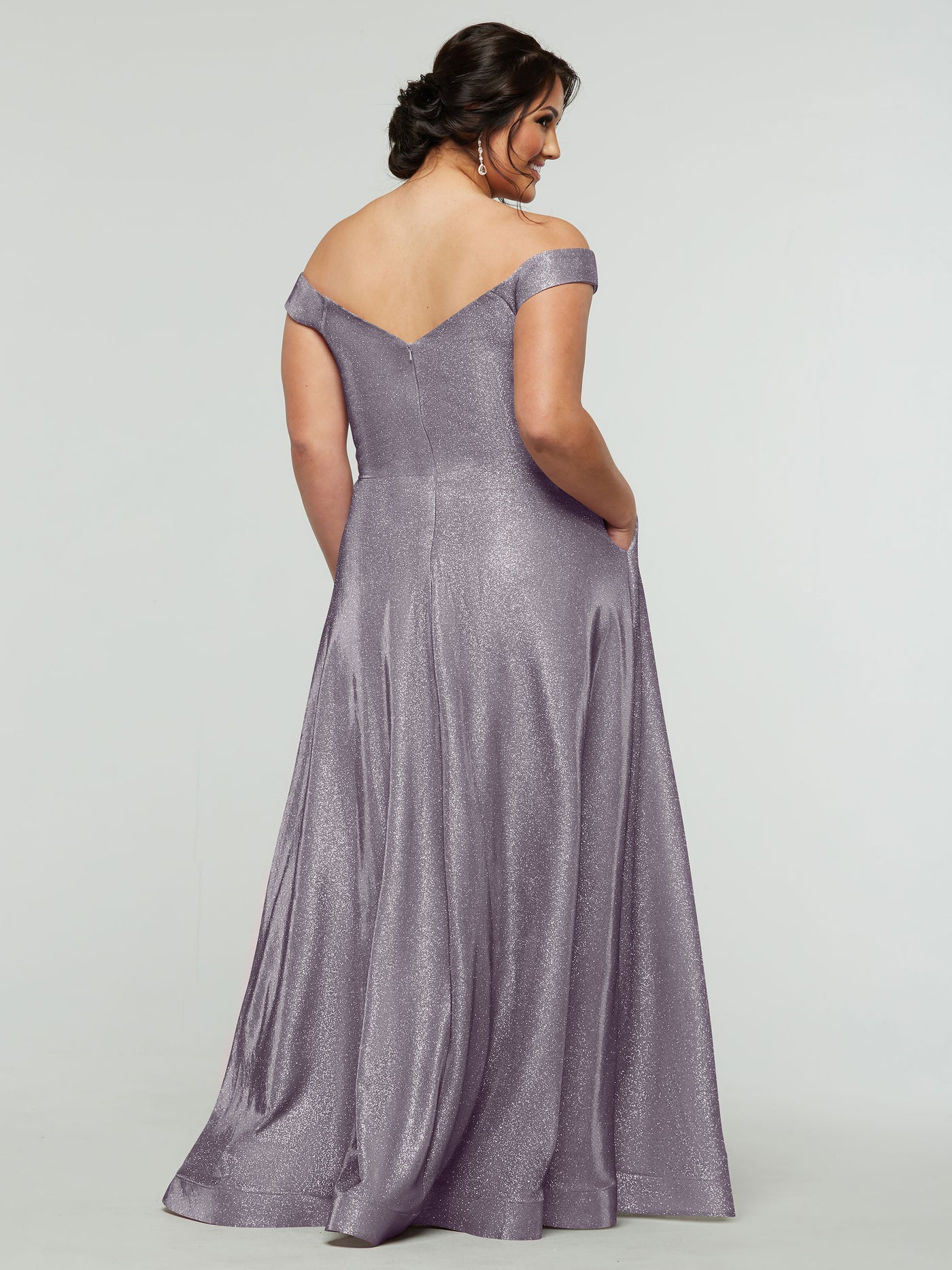 84020 - Tried On Sample - Glitter Knit A-Line Off the Shoulder with Pockets