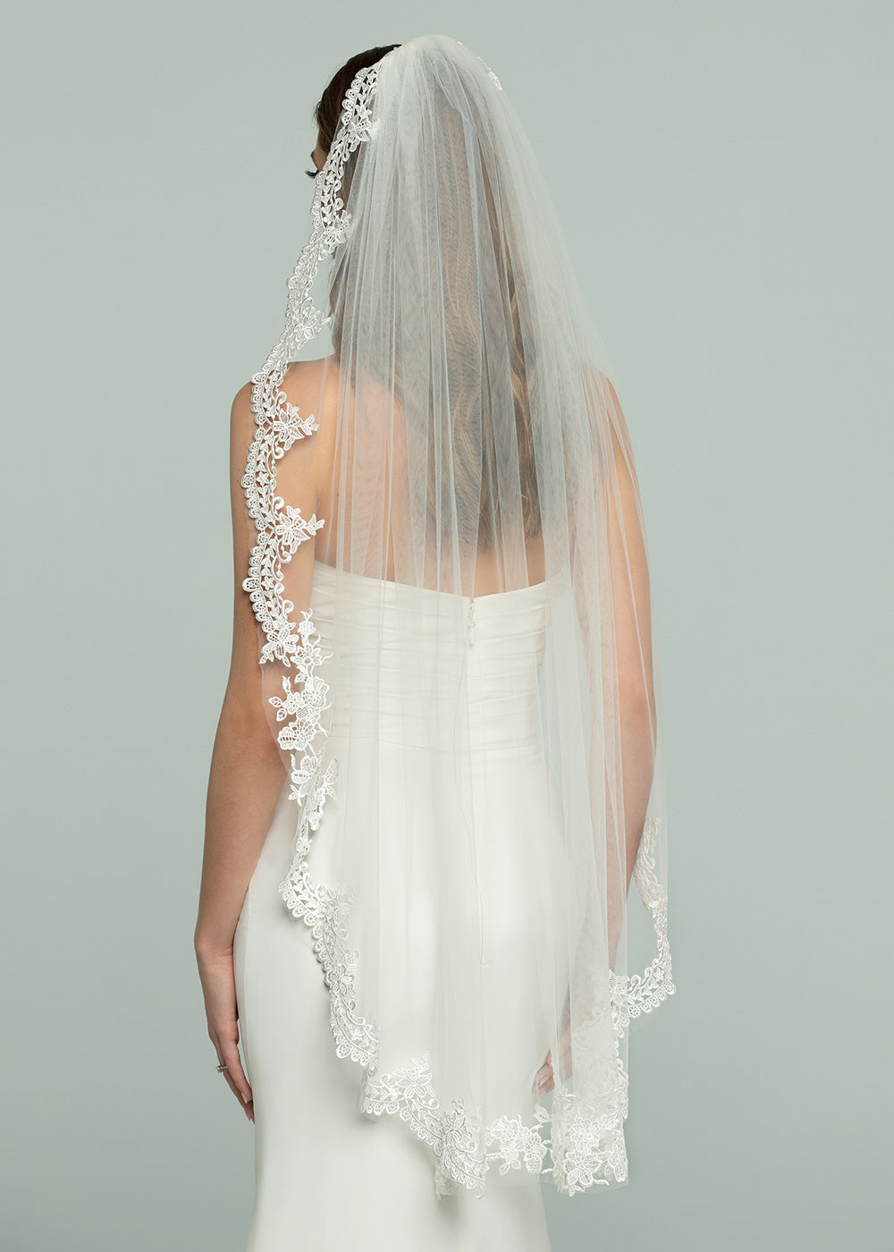 Fingertip Veil with Lace Appliques Ivory Lace Applique Fingertip Wedding Veil Envogue V2398SF main image 2